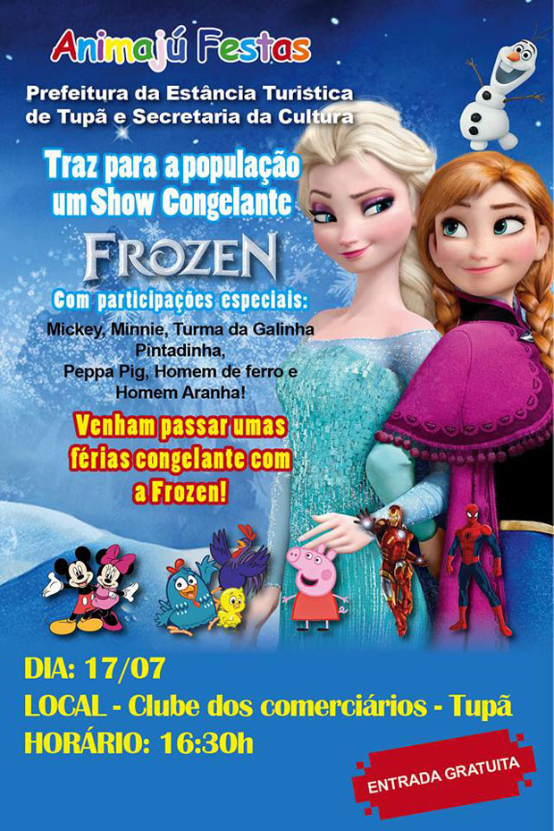 Com entrada gratuita, espetáculo Frozen será apresentado no domingo