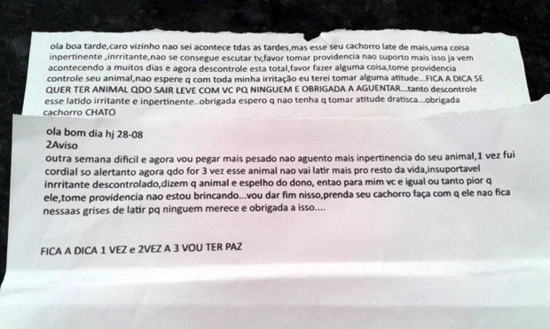 Morador recebe ameaças por meio de bilhetes por causa de cachorro