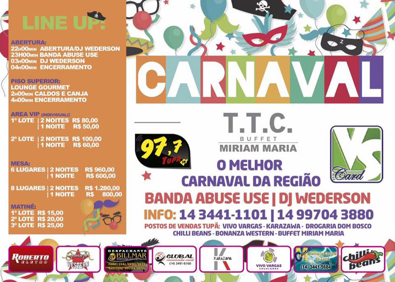 Carnaval no Tênis Clube de Tupã terá duas noites e uma matinê