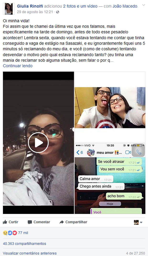 Relato de jovem após morte de namorado emociona a web:  Perdi minha estrutura