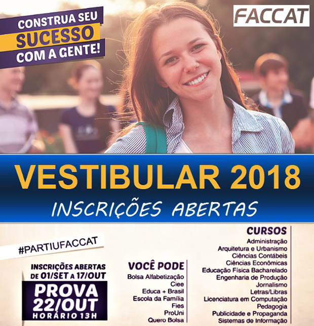 Estão abertas as inscrições para o vestibular 2018 da FACCAT