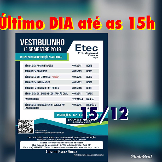 Inscrições para o vestibulinho da ETEC terminam hoje