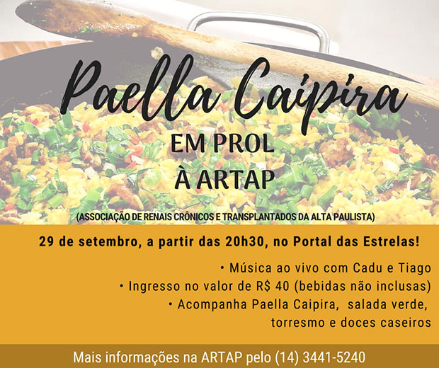 ARTAP realiza jantar dançante com  Paella Caipira  no próximo sábado (29)