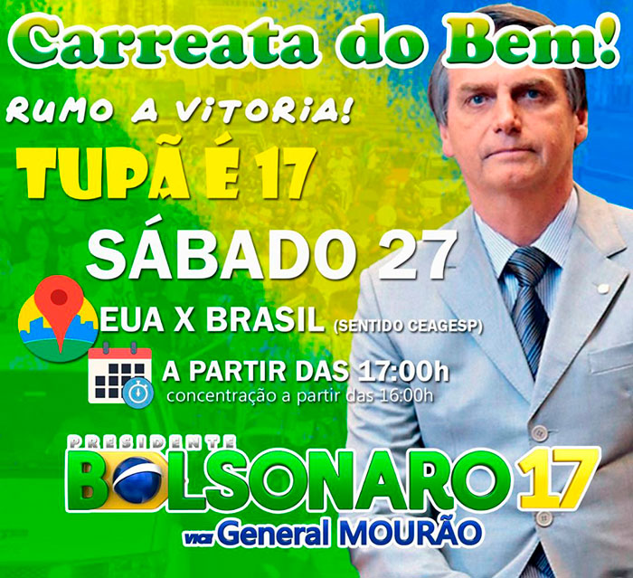 Eleitores prol Bolsonaro realizam nova mobilização neste sábado (27), em Tupã