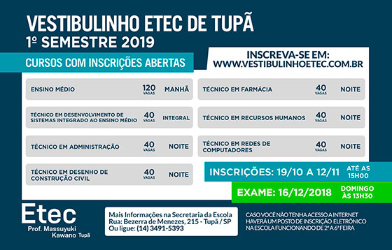 Inscrições para o vestibulinho da ETEC terminam na próxima segunda (12)