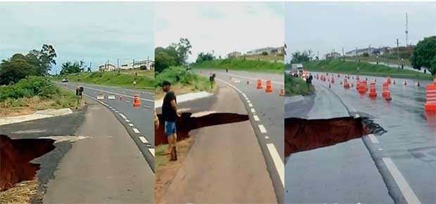 Erosão  engole  asfalto em rodovia em Quintana