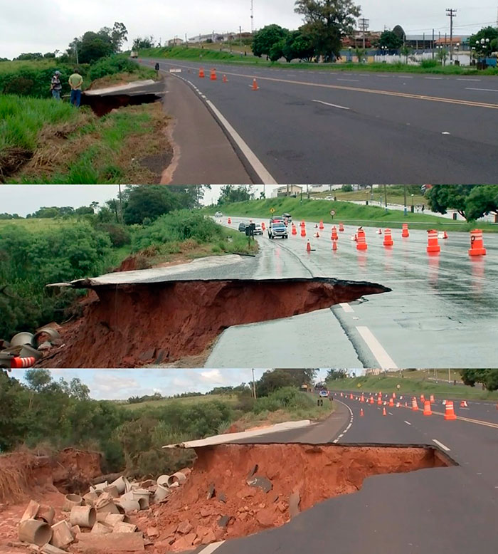 Imagem mostra aumento de erosão em rodovia SP 294, em Quintana