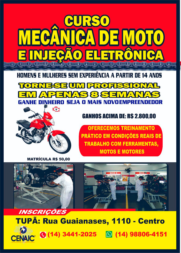 CENAIC Tupã anuncia curso de mecânica de moto e injeção eletrônica