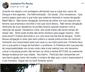 Enfermeira responsável pela Vigilância Epidemiológia publica desabafo após visitar quintais sujos