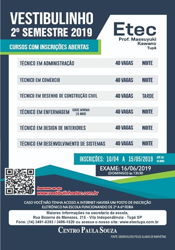 ETEC de Tupã está com inscrições abertas para cursos no 2º semestre de 2019