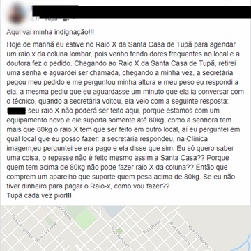 Mulher alega ter sido impedida de fazer Raio-X na Santa Casa por conta de seu peso