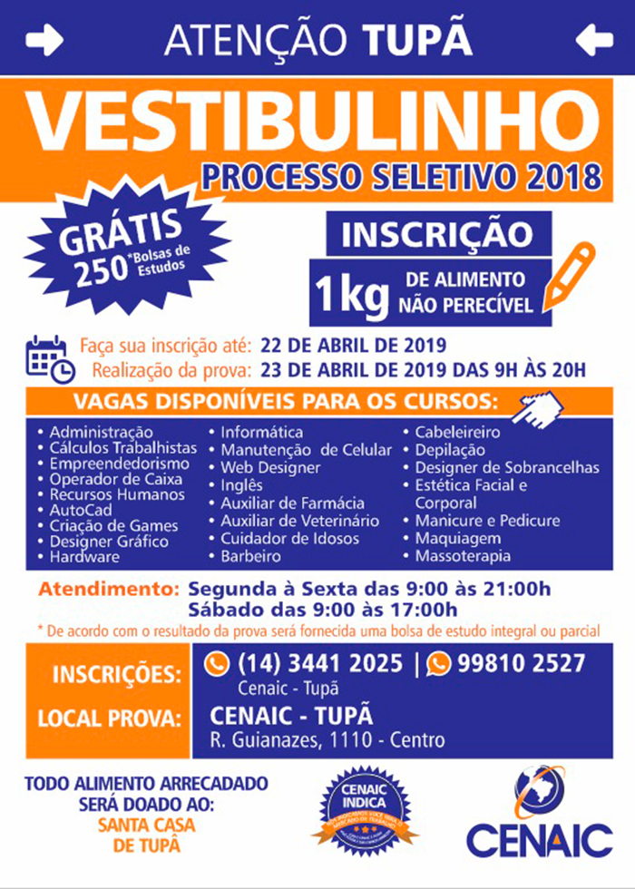 CENAIC Tupã recebe inscrições para Vestibulinho Solidário até o dia 22 de abril