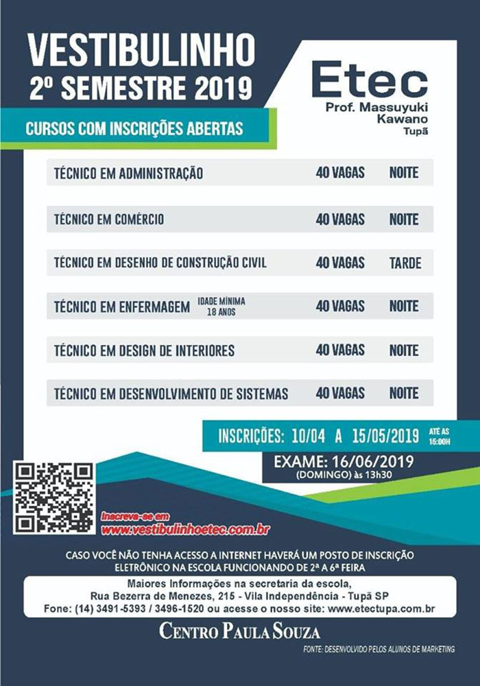 Vestibulinho da ETEC recebe inscrições até o dia 15 de maio