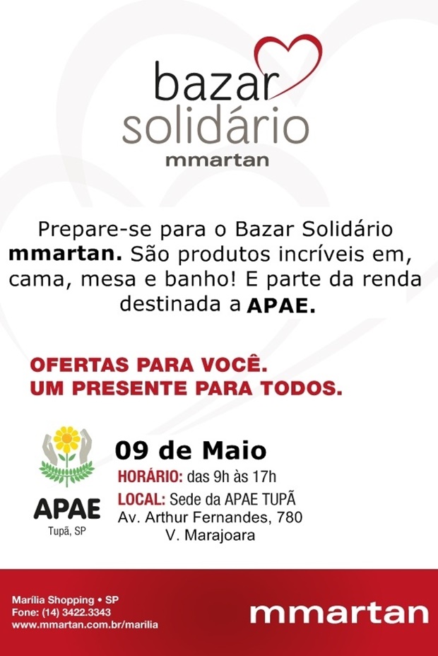 Bazar beneficente terá parte da renda revertida para Apae de Tupã