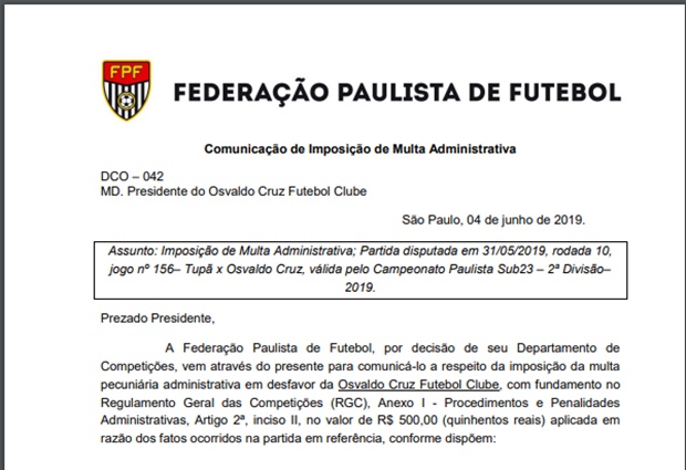 Diretoria do Tupã denuncia Osvaldo Cruz F. C. à Federação e time é multado em R$ 500