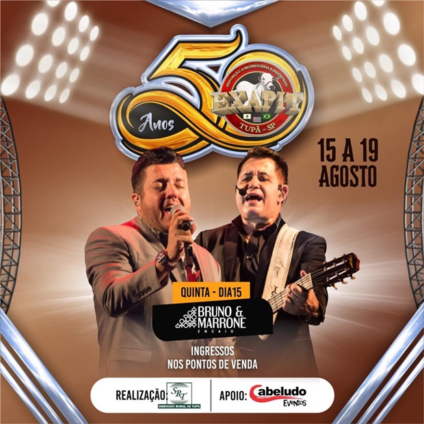 Primeiro show confirmado: Bruno e Marrone abrem a EXAPIT 2019