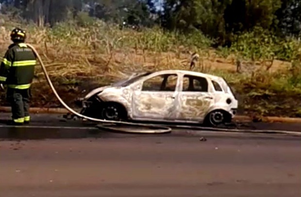 Carro pega fogo na SP-294 e incêndio atinge vegetação vizinha