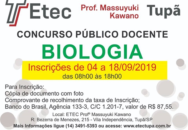 Concurso: ETEC de Tupã abre vaga para professor de biologia