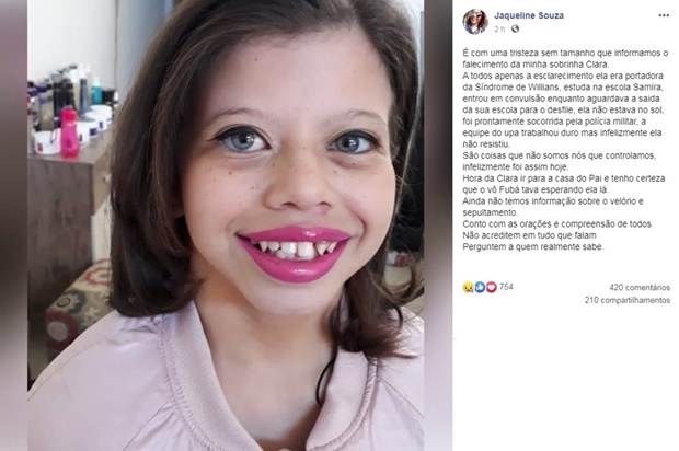 Menina de 11 anos morreu após passar mal em desfile de 7 de Setembro em Garça — Foto: Facebook/Reprodução