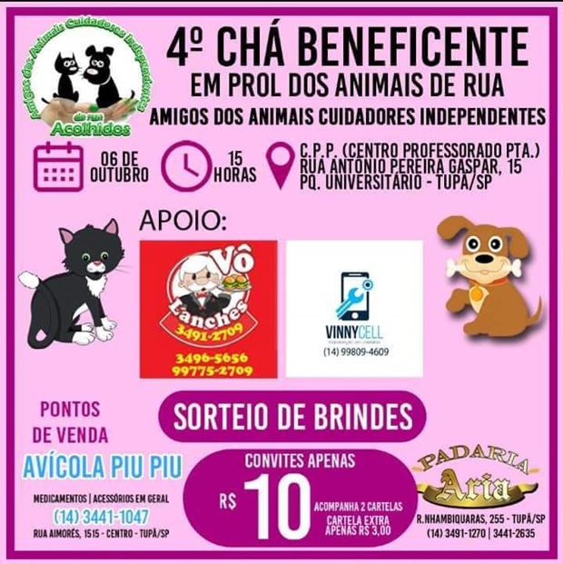 Voluntários promovem Chá Beneficente em prol dos animais de rua