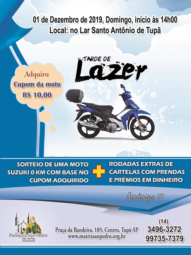 Paróquia São Pedro realizará Tarde de Lazer com sorteio de uma moto Suzuki