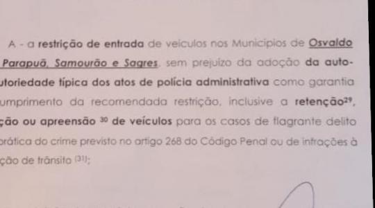 Entrada de veículos em Osvaldo Cruz, Sagres, Salmourão e Parapuã pode ser restringida