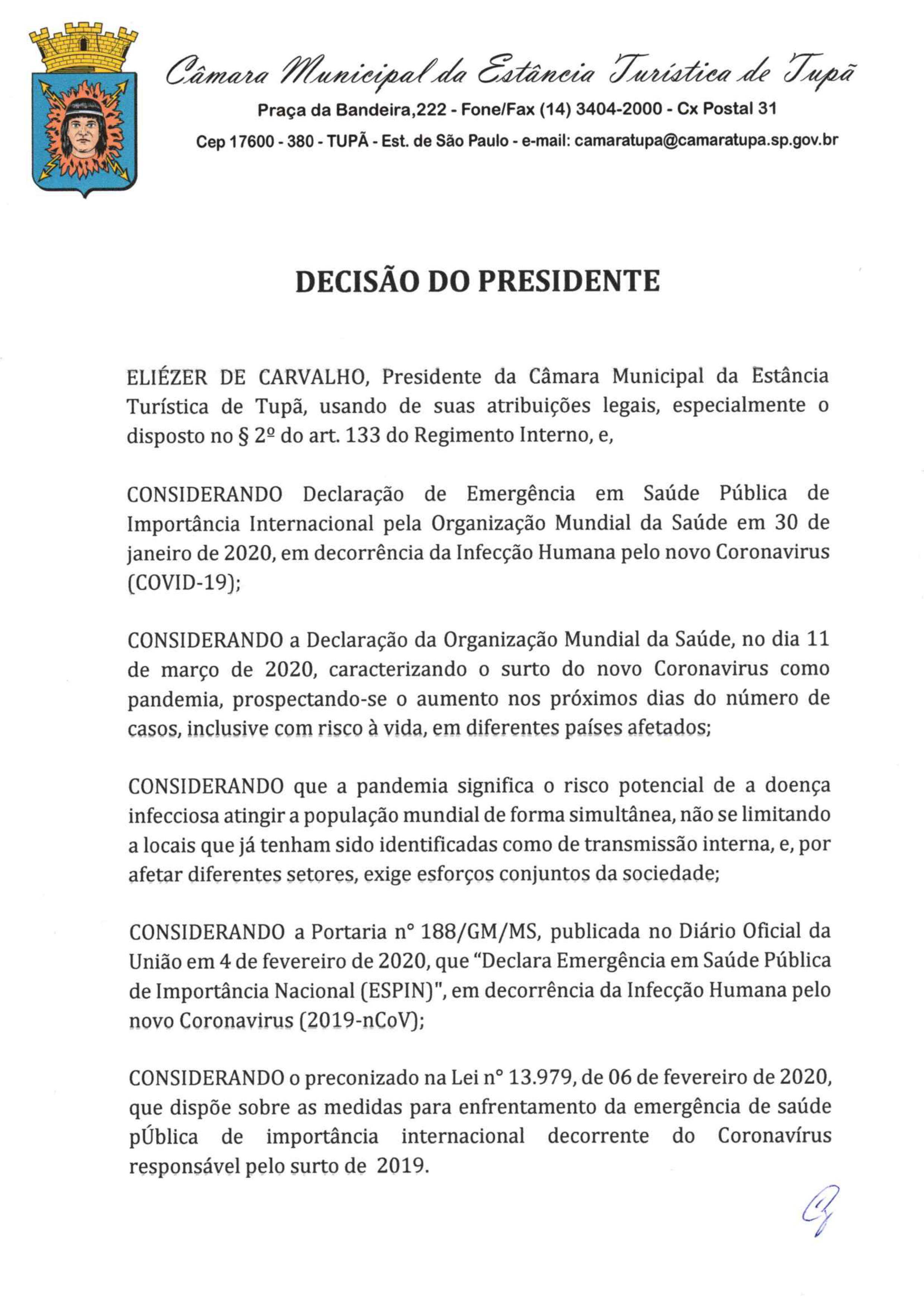 Câmara Municipal de Tupã adia sessões devido ao coronavírus