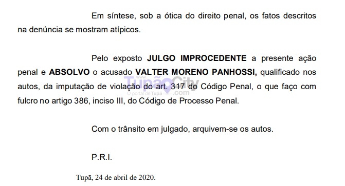 Foro de Tupã absolve Valter Moreno de acusação por corrupção passiva