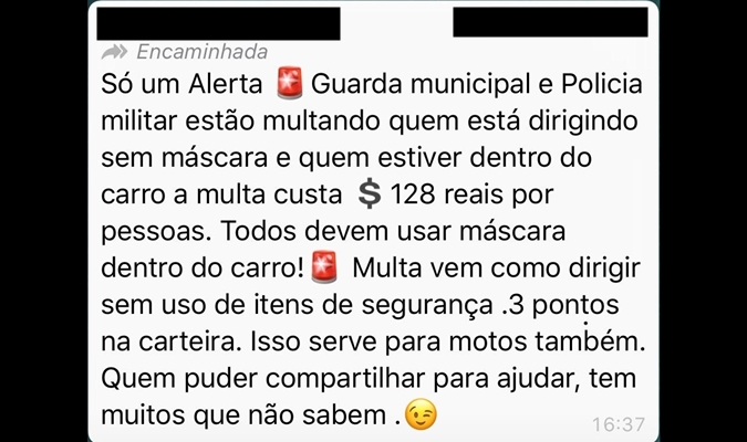 É falso que motorista que dirigir sem máscara contra coronavírus pode perder pontos na carteira