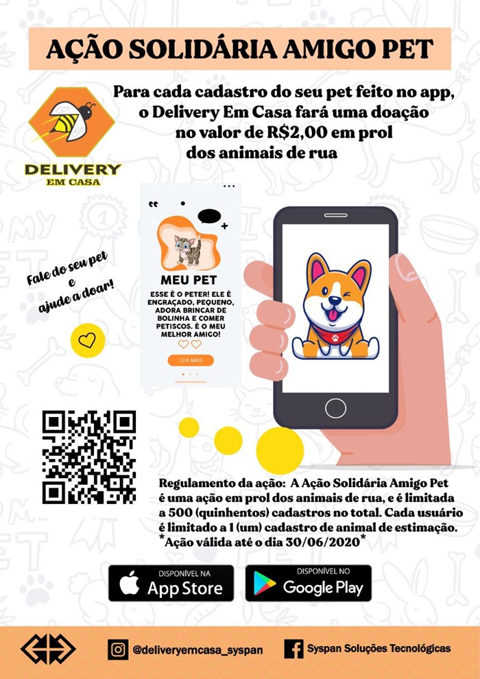 Delivery em Casa irá doar R$ 2 para animais de rua a cada cadastro realizado no App