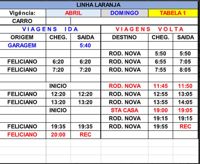 Horários da circular aos domingos