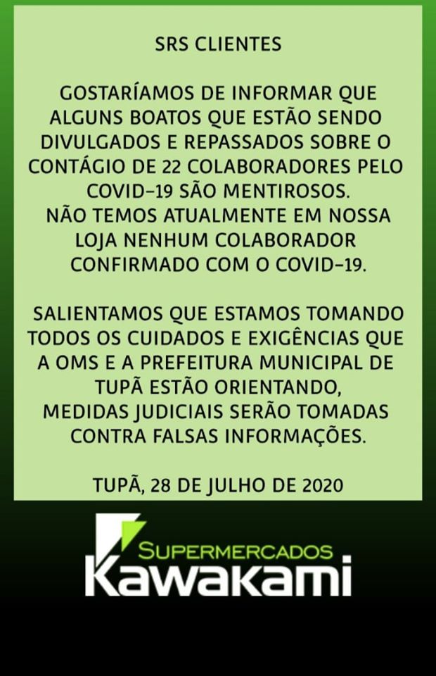 Após boato, supermercado de Tupã desmente surto de coronavírus entre funcionários