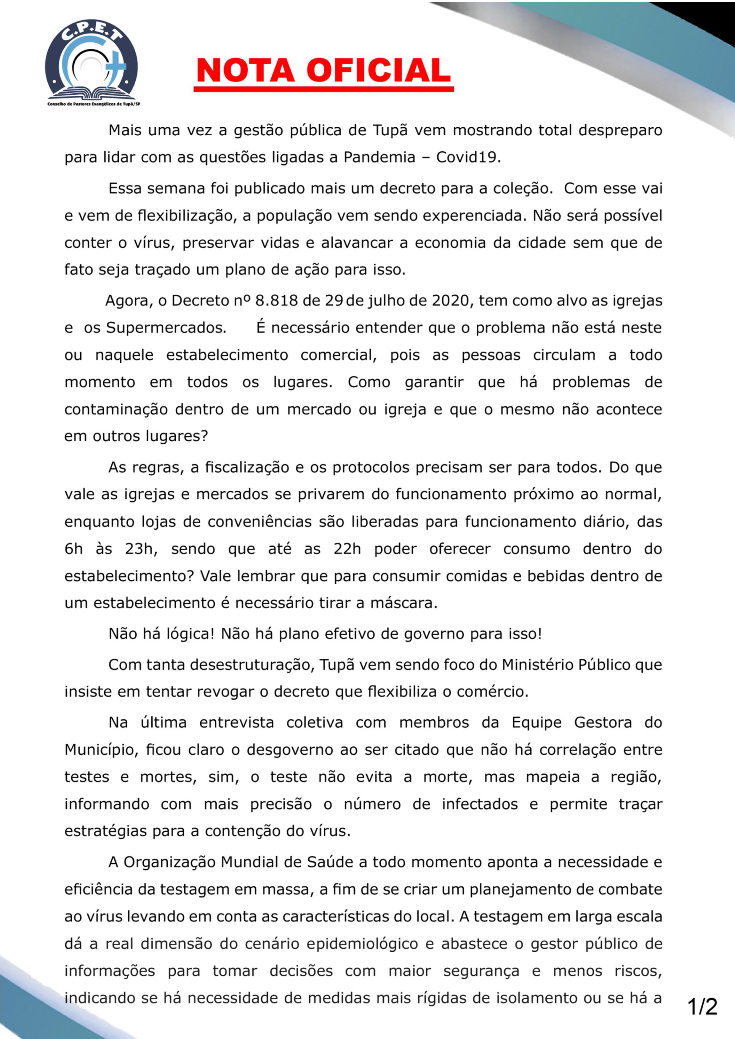 Conselho de Pastores se posiciona contra decisão da prefeitura de limitar cultos:  Desrespeito