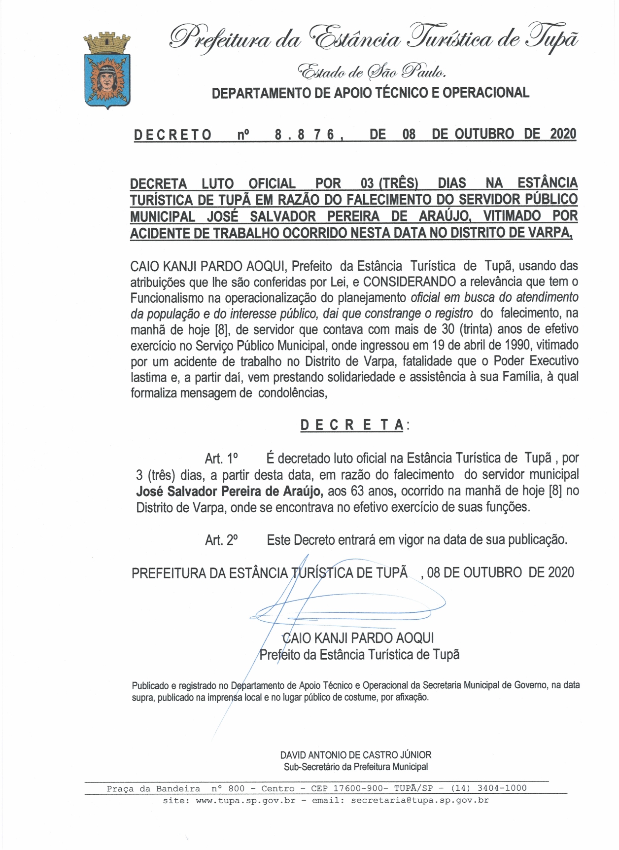 Prefeitura decreta luto oficial pela morte de servidor público em acidente de trator