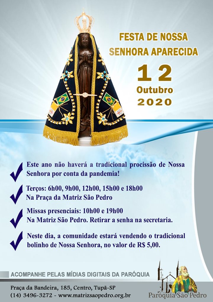 Matriz São Pedro divulga programação para o Dia de Nossa Senhora Aparecida