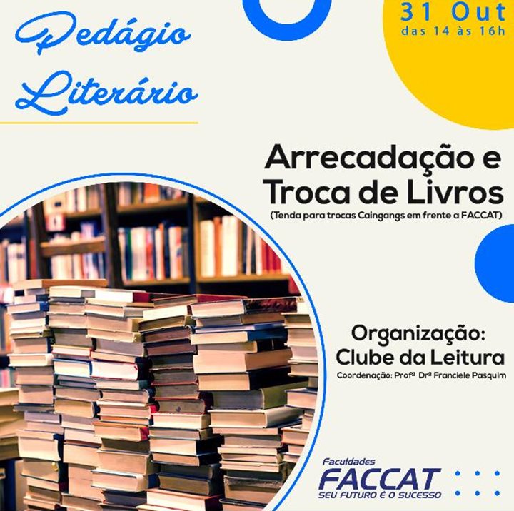 Pedágio Literário para doação e troca de livros será neste sábado (31)