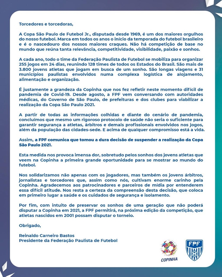 Federação Paulista de Futebol decide não realizar a Copa São Paulo de Futebol Júnior de 2021