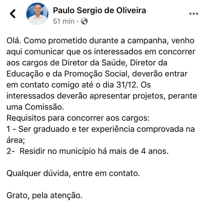 Prefeito eleito de Herculândia inova na seleção de secretariado e abre para concorrência