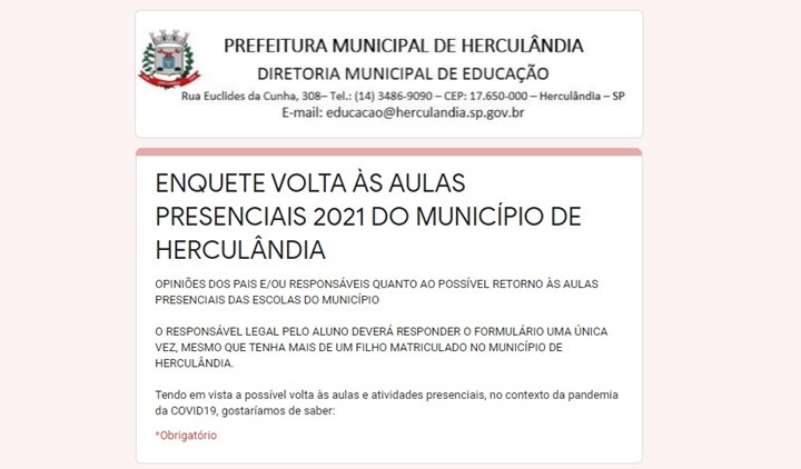 Prefeitura de Herculândia lança consulta pública para votação sobre retorno das aulas presenciais em 2021