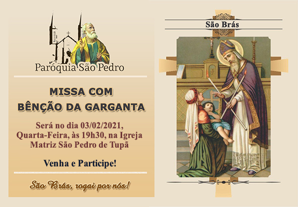 Paroquia São Pedro de Tupã celebrará Missa em honra a São Brás com bênção da garganta