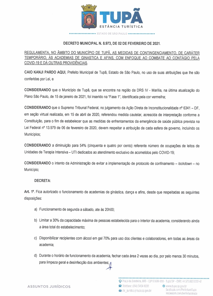 Decreto municipal autoriza reabertura de academias em Tupã