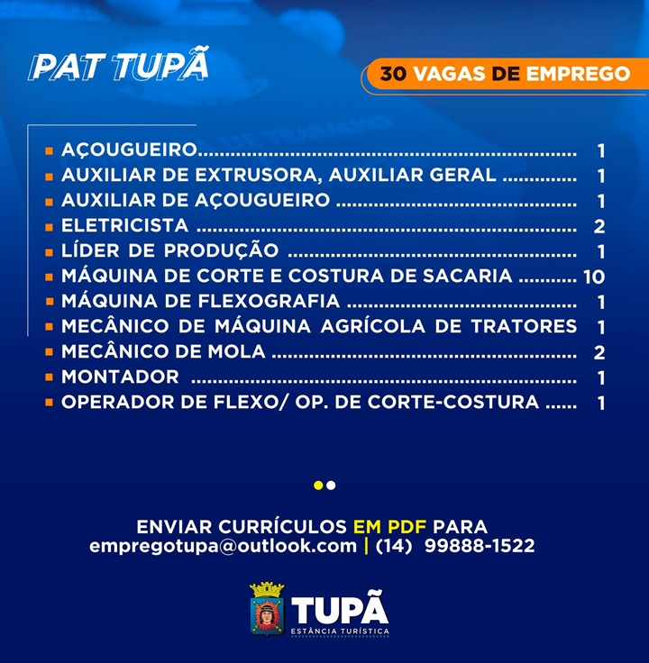 PAT anuncia 30 vagas de emprego disponíveis para Tupã