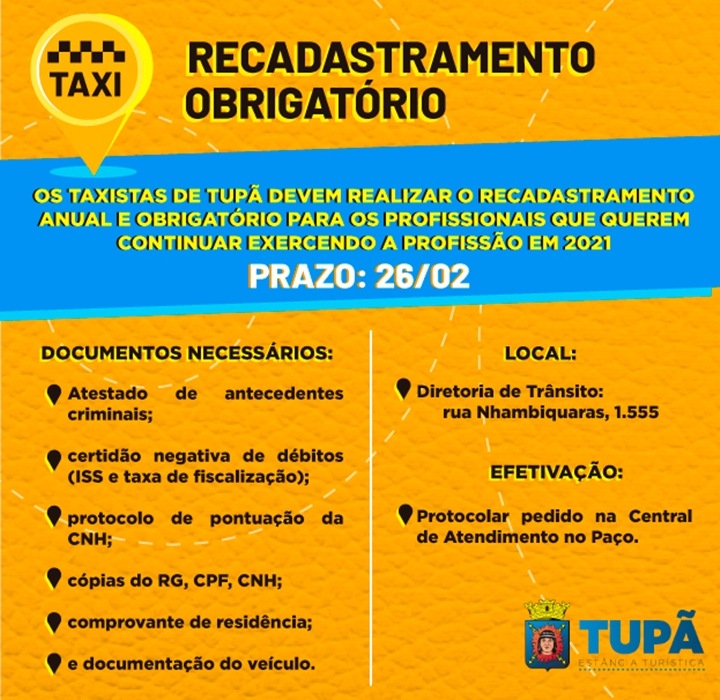 Recadastramento de taxistas permanece aberto até a próxima semana