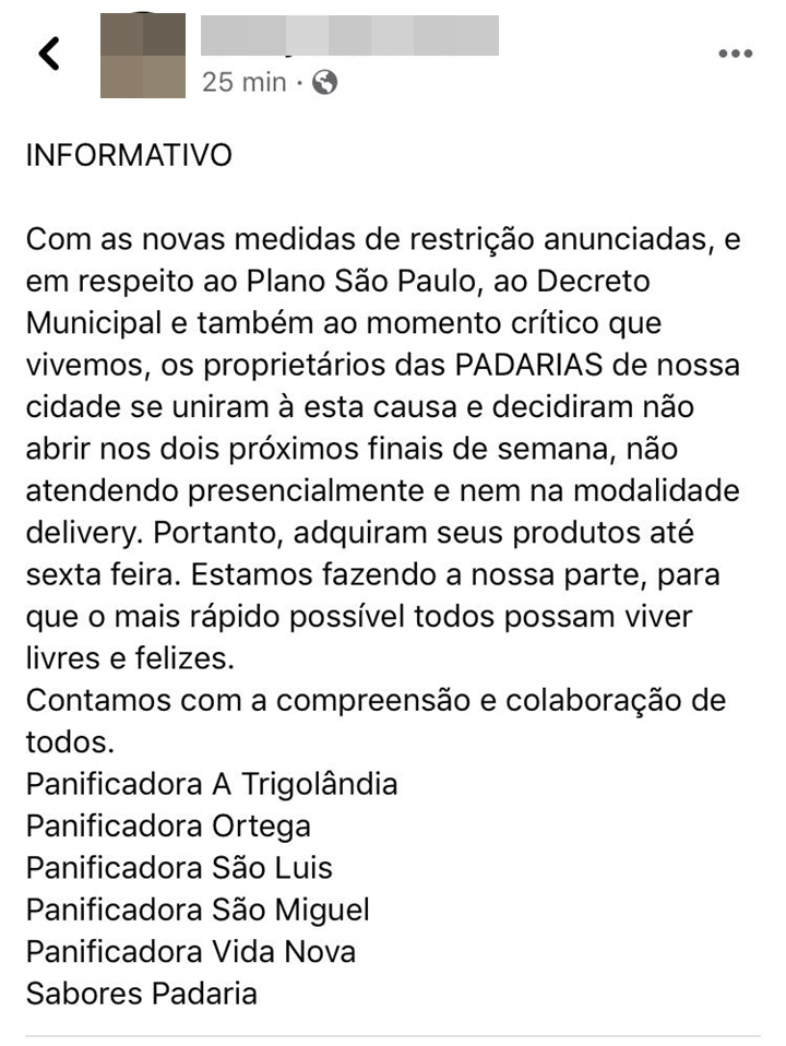 Padarias de Herculândia decidem fechar aos finais de semana como prevenção à Covid