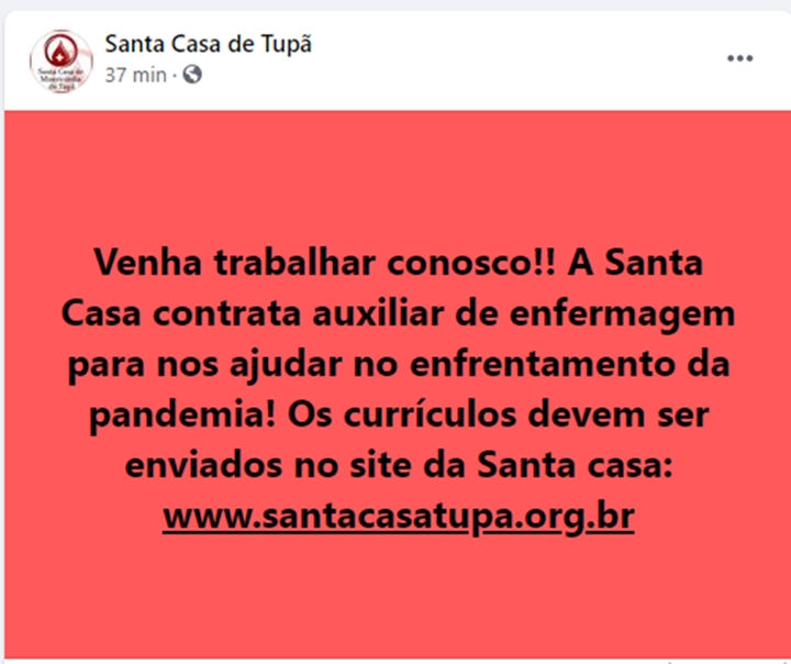 Santa Casa de Tupã contrata auxiliar de enfermagem para atuar no combate da Covid