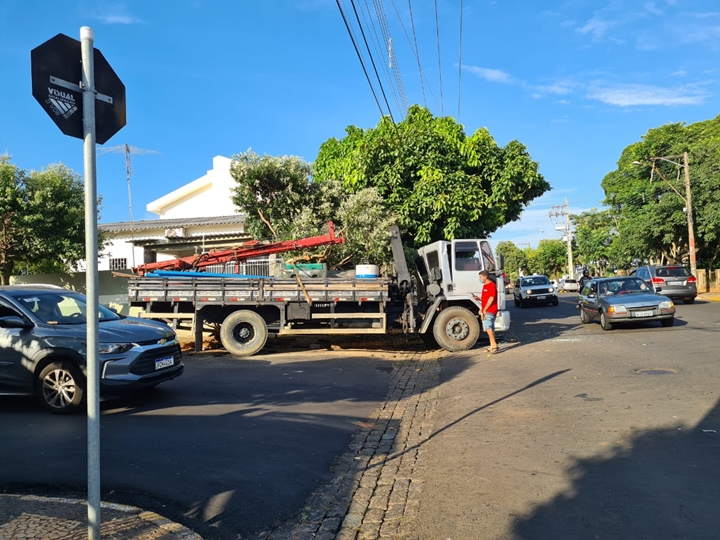 Caminhão bate em árvore no centro da cidade e motorista é levado para atendimento médico