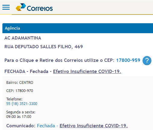 Covid-19: agência dos Correios de Adamantina é fechada temporariamente