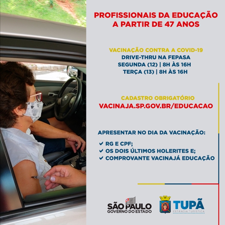 Profissionais da educação serão vacinados na próxima segunda e terça