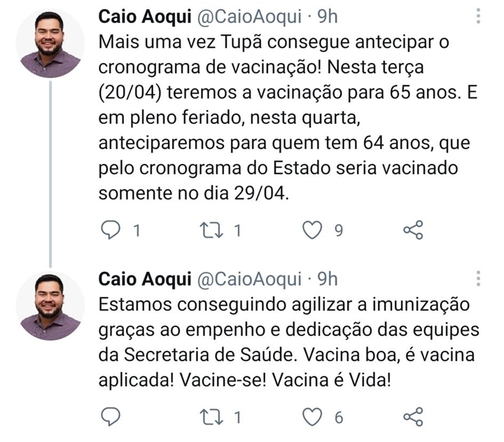 Tupã antecipa vacinação para pessoas com 65 e 64 anos