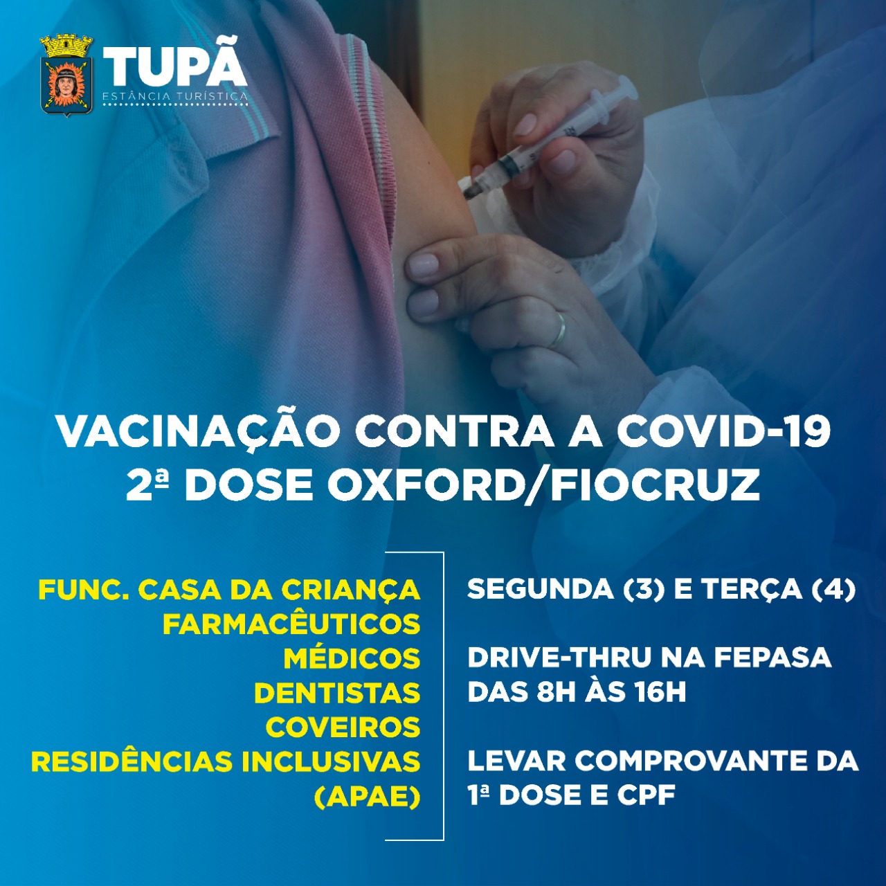 Profissionais da saúde e coveiros receberão segunda dose da vacina